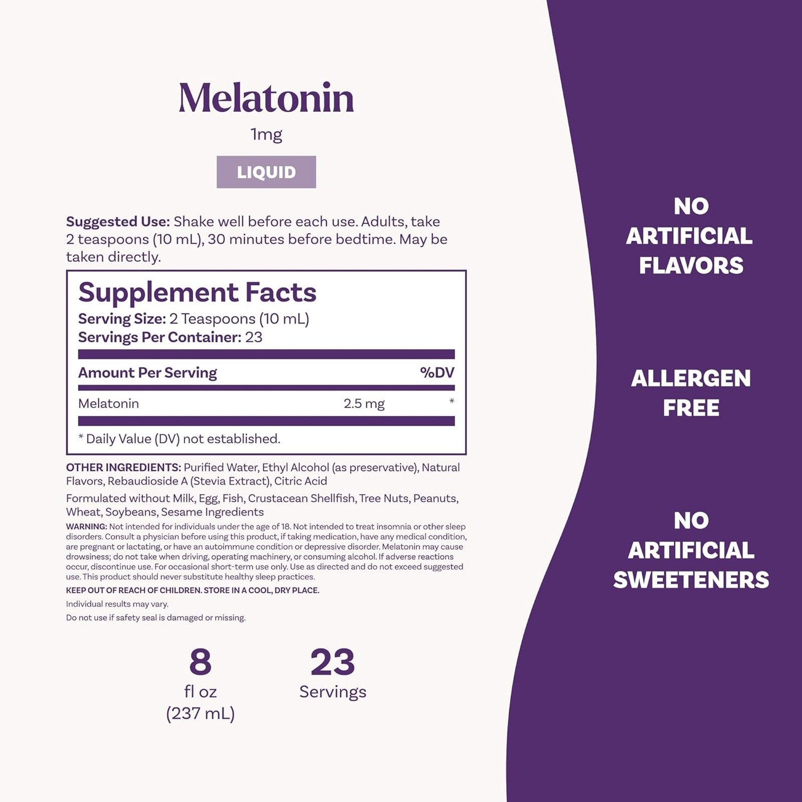 Natrol Liquid Melatonin 2.5mg Berry 8 fl oz Supplement Facts
