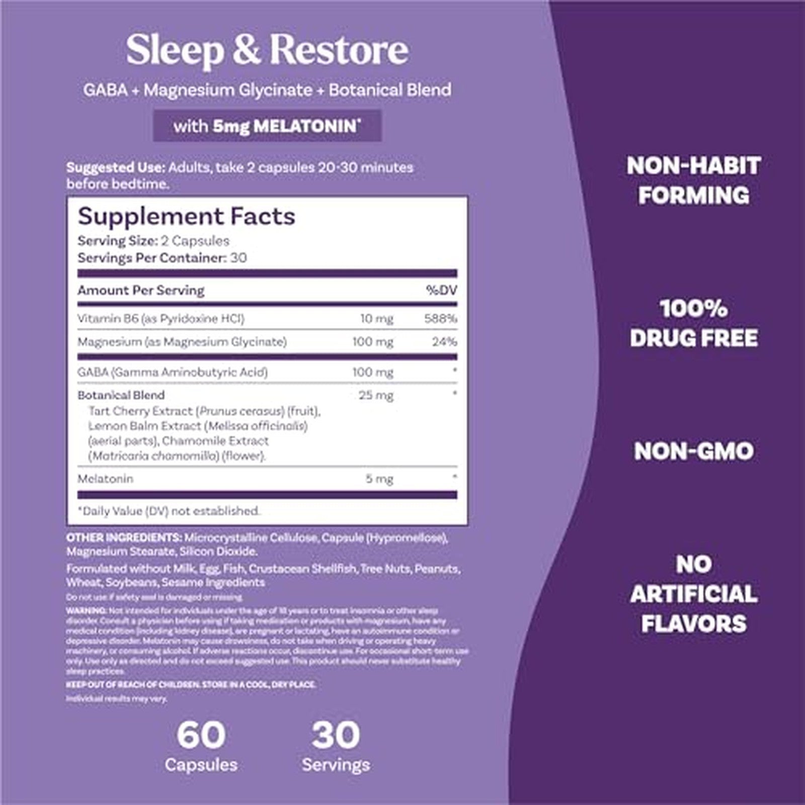 Natrol Sleep and Restore with Melatonin 60 Capsules Supplement Facts