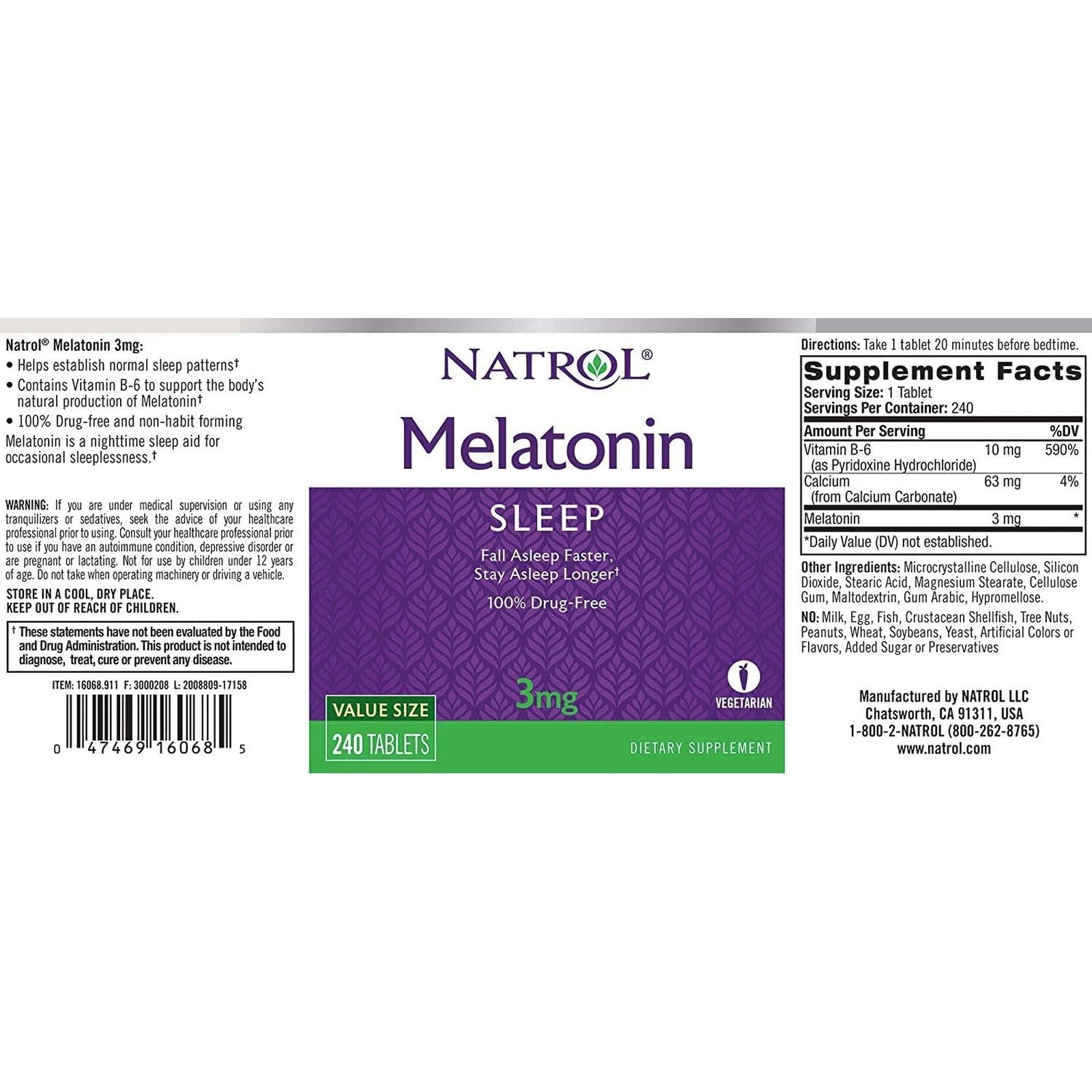 Natrol Melatonin 3mg 240 Tablets Supplement Facts