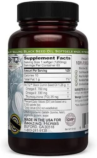 AMAZING HERBS - Premium Black Seed Oil 1250mg - 60 SoftGels